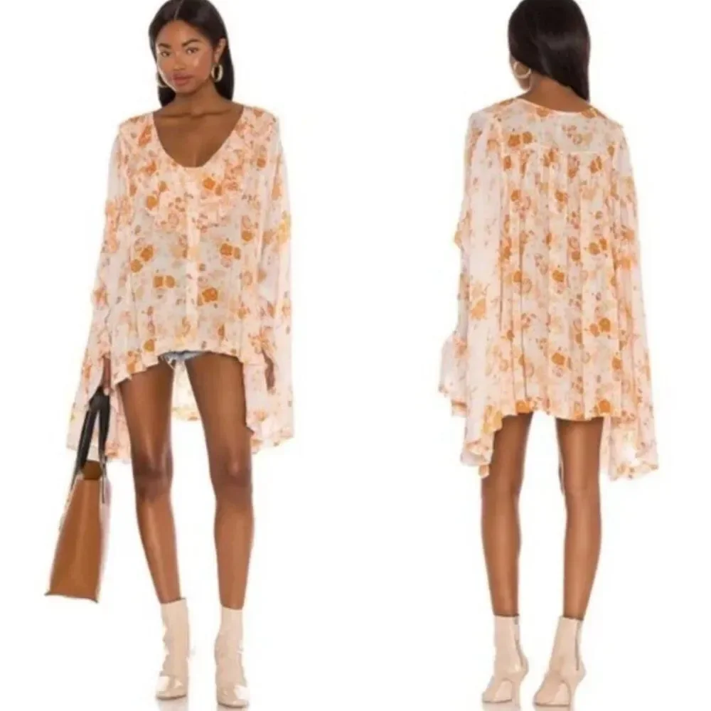 Free People Loretta Tea Combo Floral Print Oversized Flowy Boho Tunic Top Small